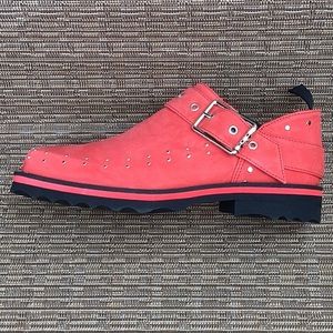 Brand New Unworn Fluevog Foyt (Carlton MK1) Studded Red Slip-on Shoes w Buckles